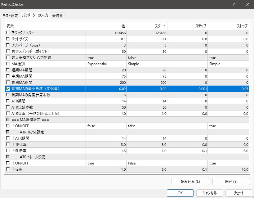 最適化時のパラメータ設定。長期MAの最小角度にチェックを入れている様子